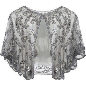 🆕 Women Grey Beaded Evening Cape Bridal Shawl Evening Dresses Wedding Party Fit